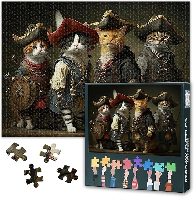 Pirates Cat Puzzles for Adults 1000 Pieces, Group of Cats Jigsaw Puzzles, Costume Party Adult Puzzle for Adults, Educational Fun Games or Toys for Elders Friends 20X27 INCH