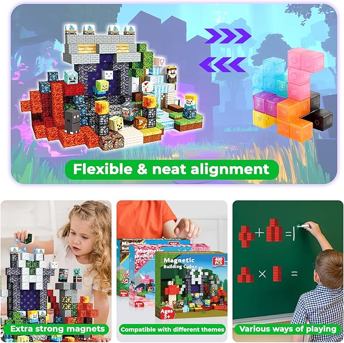 400 PCS Magnetic Blocks - Building Block for Kids, Stacking Magnet Cubes for Boys Girls, STEM Educational Montessori Magnetic Constructions Toys, Sensory Play Game Easter Birthday Gifts Ages 3-12