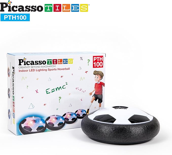 PicassoTiles Hoverball Air Hockey Soccer Floating Disc with LED Light Airlift Power Soft Bumper Indoor Gliding Toy Battery Operated Movement Training Game for Physical Activity Kids Age 3 Plus PTH100