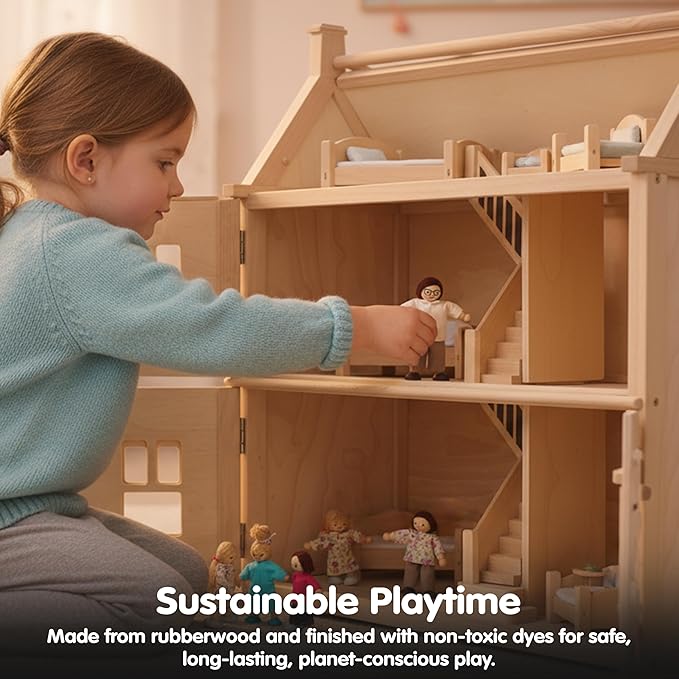 PlanToys® Family Wooden Dollhouse Figurine Set | 4 Poseable 1:12 Scale Mini Dolls (Parents & Kids) | Dollhouse Accessories for Pretend Play | Eco-Friendly Montessori Toy for Kids Ages 3+