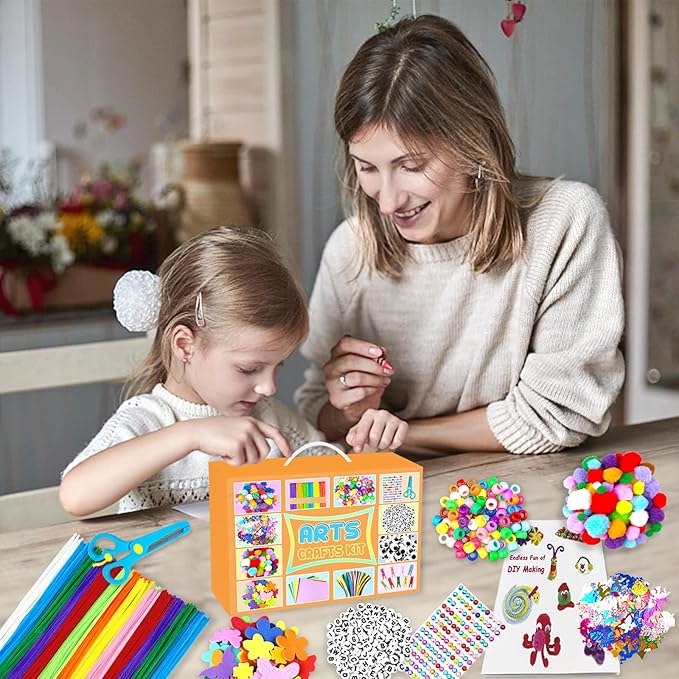 BNUZEIYI 2000 PCS Arts and Crafts Supplies for Kids All-in-1 Craft Kit with Pipe Cleaners Craft Box Set DIY Crafting Supply School Supplies Toys Gifts for Girls Boys Ages 4-6, 6-8, 8-12, Orange