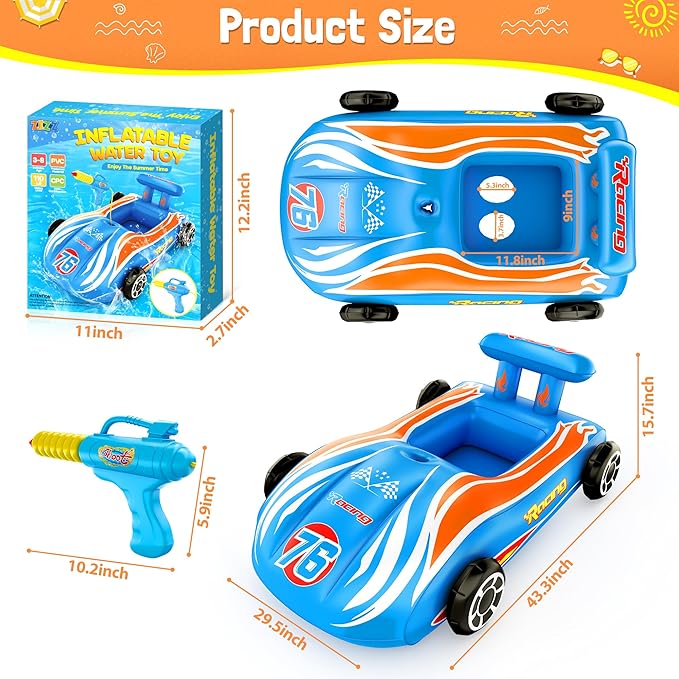 ZIZZ Pool Floats Kids Toys with Water Gun - Inflatable Ride-on Pool Toys for Kids Ages 4-8 Race Car Toddlers Pool Float Summer Outdoor Swimming Pool Toys Games for Boys Girls Fun Summer Water Toys
