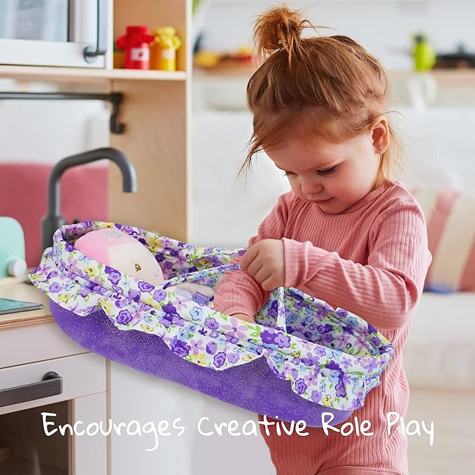 June Garden Cozy Dream Doll Bassinet - Baby Doll Portable Carrier - Fits for American Girl Dolls up to 18" - Soft Pillow & Safety Buckle Included - Purple