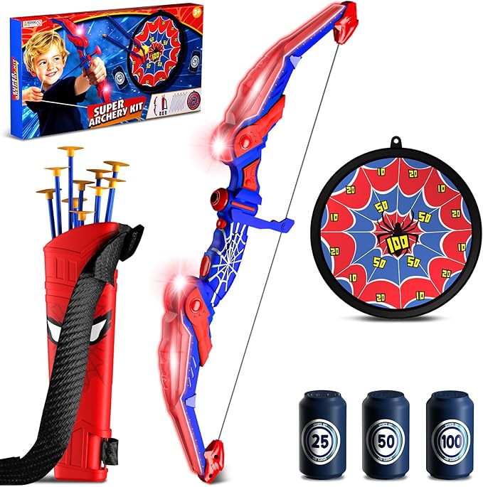 Spider Bow and Arrow Set for Kids, Led Light Up Kids Archery Set with Quiver & Web Target, 10 Suction Cup Arrows & another 3 Target Cans, Birthday Gift toys for 3 4 5 6 7 8 Year Old Boys Girls