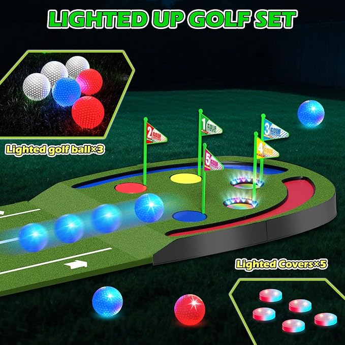 VATOS Golf Putting Mat Indoor for Kids - Golf Game Set with LED Balls, Glow Holes, Irons & Putters, Portable Putting Green Outdoor for Home Backyard Party, Golfs Toy Gifts for Kids 6-14