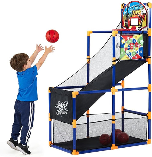 2-in-1 Kids Basketball Arcade Game Set with 4 Balls & 6 Sticky Toss Balls – Indoor & Outdoor Basketball Hoop and Dart Game, Height Adjustable Sports Toy with Ball Return Ramp for Boys & Girls Ages 3+