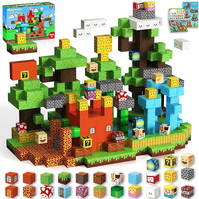 Magnetic Blocks-150 PCS Build Adventure Game Castle World Set - Magnetic Building Cubes Stacking, STEM Montessori Sensory Toys for Kids Boys Girls Ages 3+ Easter Birthday Gifts