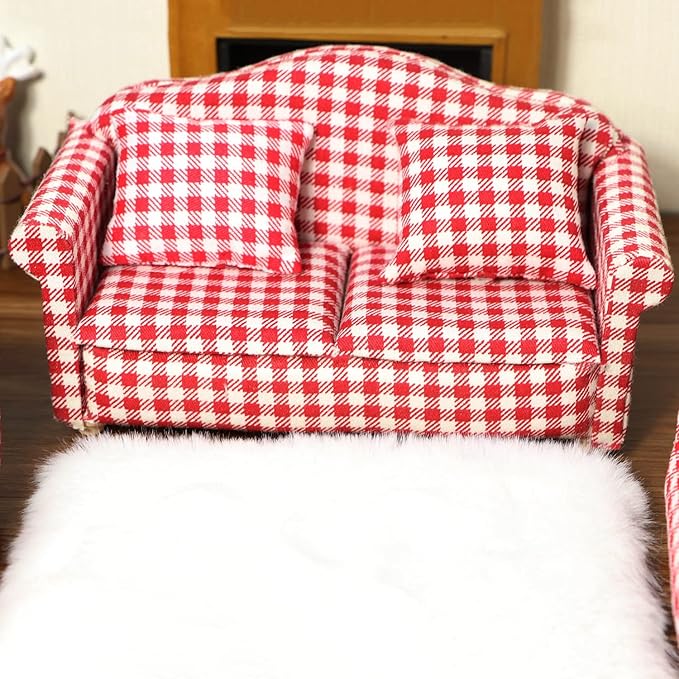 Dollhouse Couch Miniature Sofa with Pillows Dollhouse Living Room Funiture 1:12 Scale Model 3 Pcs High Simulation Upholstered Wooden Fabric Armchair Mini Room Artificial House Scene Decoration (Plaid)