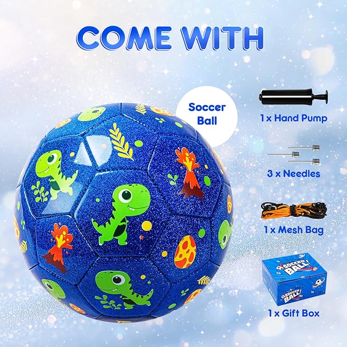 Soccer Ball Size 2 Size 3 Size 4 For Toddlers Kids Ages 1-3 3-8 8-12 - Glitter Unicorn Dinosaur Design - Sports & Outdoors Ball with Pump Deflated - Gift for Girls Boys Children Youth School Birthday
