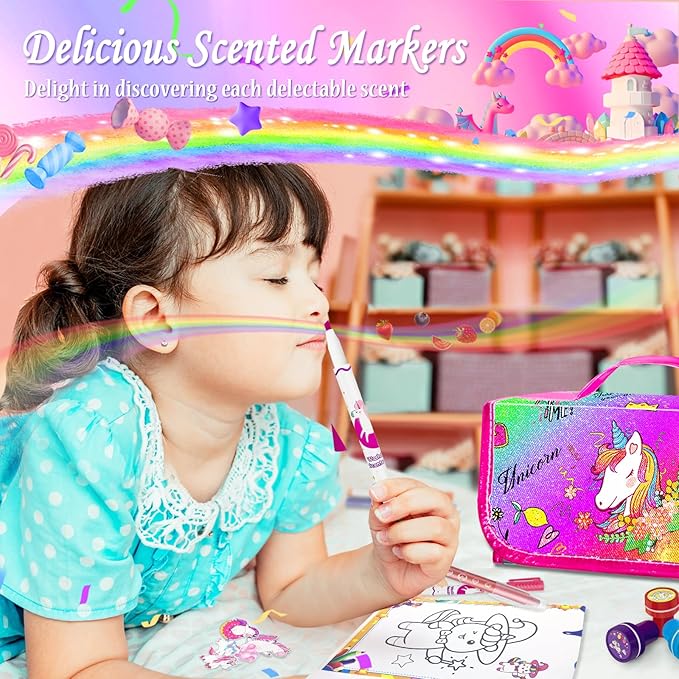 weirtoya 56 PCS Washable Scented Markers with Glitter Pencil Case, Mermaid Unicorn Arts and Crafts for kids 4-6-8 Kids Coloring Drawing Kits for 4-8 Years Old Girls Xmas Gifts Stocking Stuffers