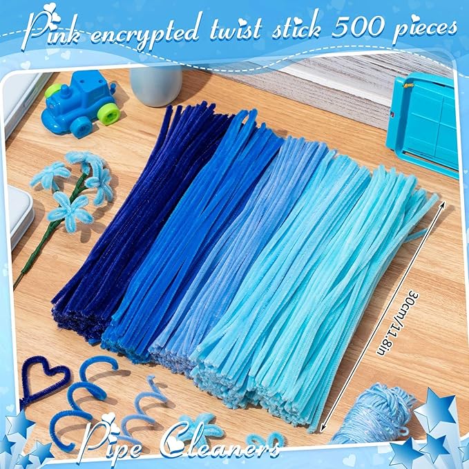 Peryiter 500 Pieces Pipe Cleaners Chenille Stems for Flowers Craft Supplies Bulk Fluffy Fuzzy Sticks for DIY Art Projects Creative Gift Wrapping Party Decorations(Blue,12 Inch)