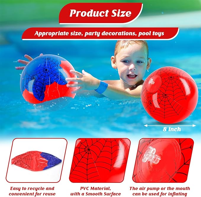 8PCS Spider Web Beach Ball 8 Inch for Kids Summer Pool Party Supplies | Spider Birthday Decorations | Bulk Spider-Themed Party Favors,Beach Games,Outdoor Activities Gift Ideas (Red+Blue 8inch)