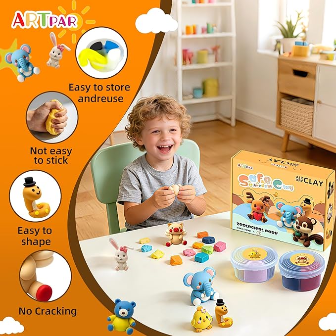 Air Dry Clay Kit for Kids-12 Animals Modeling Magic Clay,DIY Art Crafts Molding Clay Set,Ultra Light & Soft, Safe & Non-Stick with Sculpting Tools & Tutorials, Unique Gifts for Boys & Girls