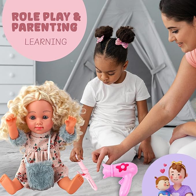 Baby Doll - SMIESSKIDDO 12" Interactive Baby Dolls with Hair Care Set & Sounds - Soft PVC Talking Babies Doll Toy Gift for Girls 2-6 Years (Comb, Mirror, Dryer, Rollers Included)
