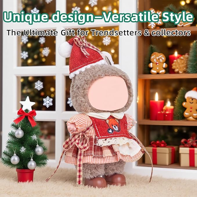 Clothes for Labubu 17cm Doll (NO Doll), 4 Piece Labubu Clothes Set, Cute Labubu Outfits with Accessories, Handmade Crochet La Bubu Doll Dress Up Set（Party Bear）