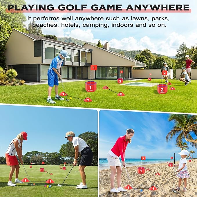 Golf Bucket Yard Game, Backyard Golf Set for Kids, Adults and Family, Outdoor and Indoor Portable 6 Holes Golf Course with Balls, Flags and Carry Bag for Lawn, Park, Beach and Hotel - Red