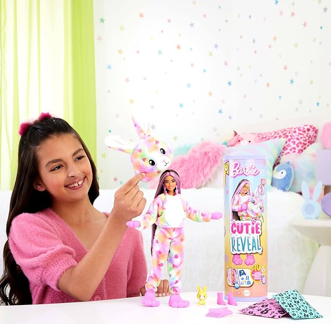 Barbie Cutie Reveal Doll & Accessories, Color Dream Series, Tie-Dyed Bunny Costume & 10 Surprises Including Color Change