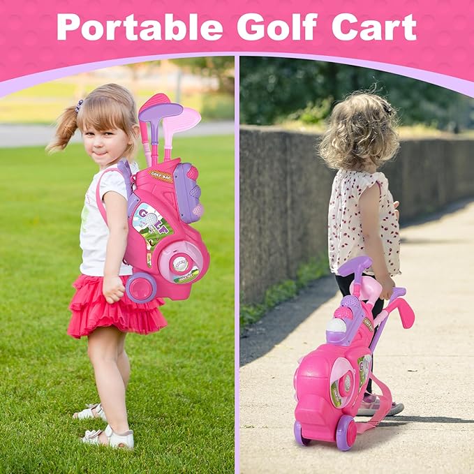 Toddler Golf Set for Girls Boys 1 2 3 4 Years Old, Upgraded Kids Golf Cart with 3 Clubs & 8 Balls, Outdoor Indoor Sports Toys Birthday Gift, Pink