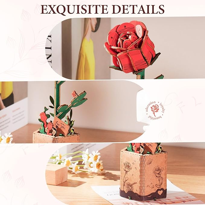ROBOTIME Red Rose 3D Wooden Flower Puzzle, DIY Craft Kit for Adults, Everlasting Artificial Floral Bouquet, Creative Gift