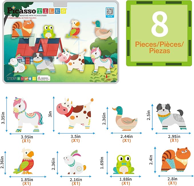 PicassoTiles Magnetic Tiles 8 Character Farm Animal Accessory Add on Set Compatible with Picasso Magnet Tile Playsets Pretend Play Preschool Toy STEM Educational Toys for Learning Kids Ages 3+ PTA27