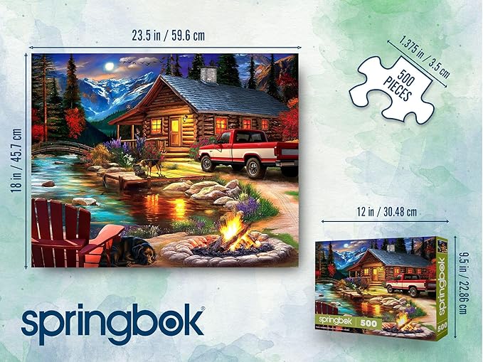 Springbok Cabin on the Creek 500 Piece Jigsaw Puzzle for Adults - Poster Now Included - Moonlit Outdoor Puzzle - Unique Cut Pieces - Made in USA