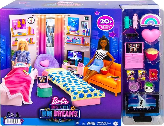 Barbie Toy Playset, Big City, Big Dreams Dorm Room Furniture & Accessories with 2 Beds, Couch, Bean Bag Chair & More