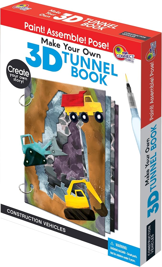 EyeConnect Crafts DIY Medium 3D Tunnel Book - Construction Vehicles | Creative Pop-in STEAM Craft Set for Kids & Teens | Build Paint & Customize with Mini Characters | Fun Pop-Up Art Activity Kit