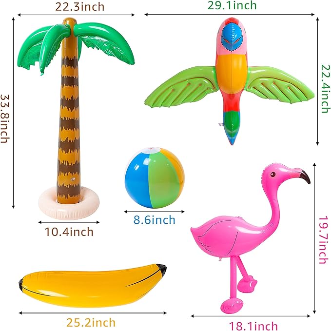 R HORSE Inflatable Palm Tree Flamingo Banana Beach Ball Parrot Beach Pool Toys for Tropical Hawaiian Luau Party Summer Pool Beach Party Decorations