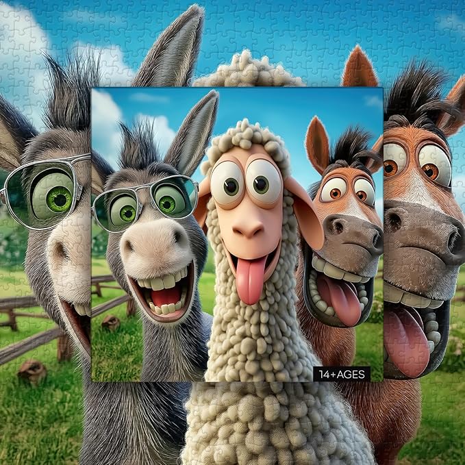 PICKFORU Laughing Ranch Jigsaw Puzzles 1000 Pieces, Funny Farm Animal Puzzles for Adults, Donkey Horse Sheep Puzzle as Home Decor