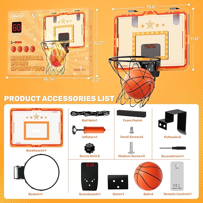 Indoor Basketball Hoop, for Boys 8-12, Led Light Mini Hoop with Electronic Scoreboard, Indoor Basketball Hoop for Kids, Boy Birthday Presents