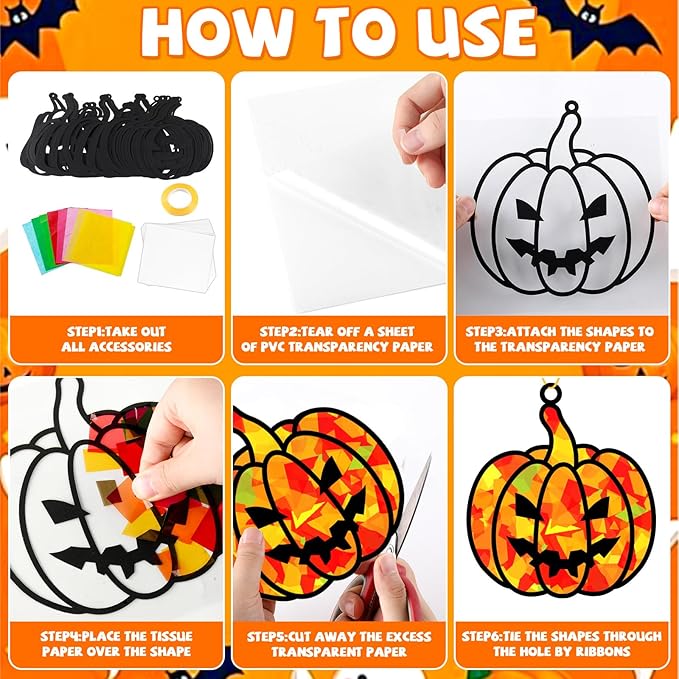 32 Sets Fall Halloween Pumpkin Suncatchers Craft Kit DIY Window Stained Glass Effect Halloween Pumpkin Paper Craft Home School Classroom Decoration Kid Birthday Gift Creative Art Project Activity Game