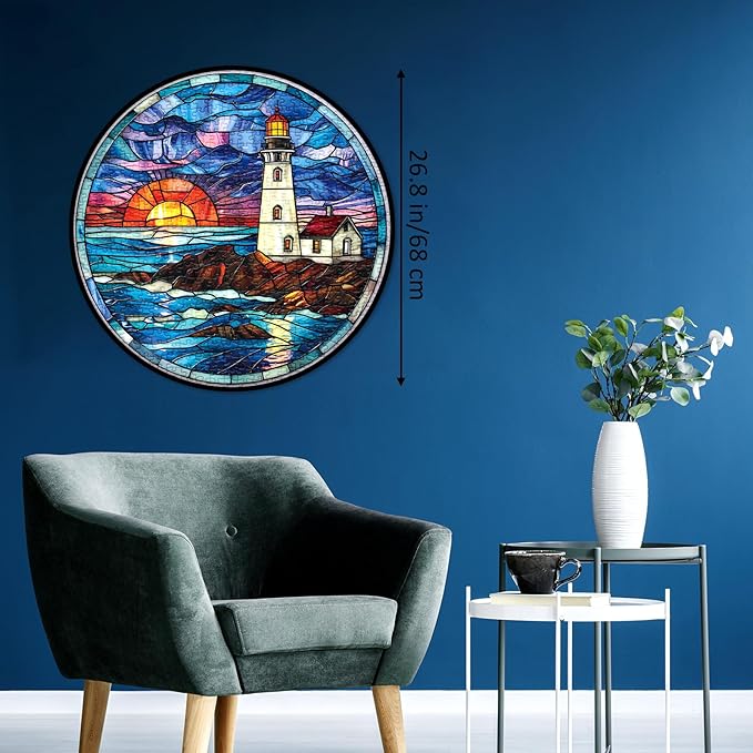 Stained Glass Beach Lighthouse Puzzle for Adults 1000 Piece, Ocean Sunset Jigsaw Puzzle, Nature Landscape Puzzle Scenery