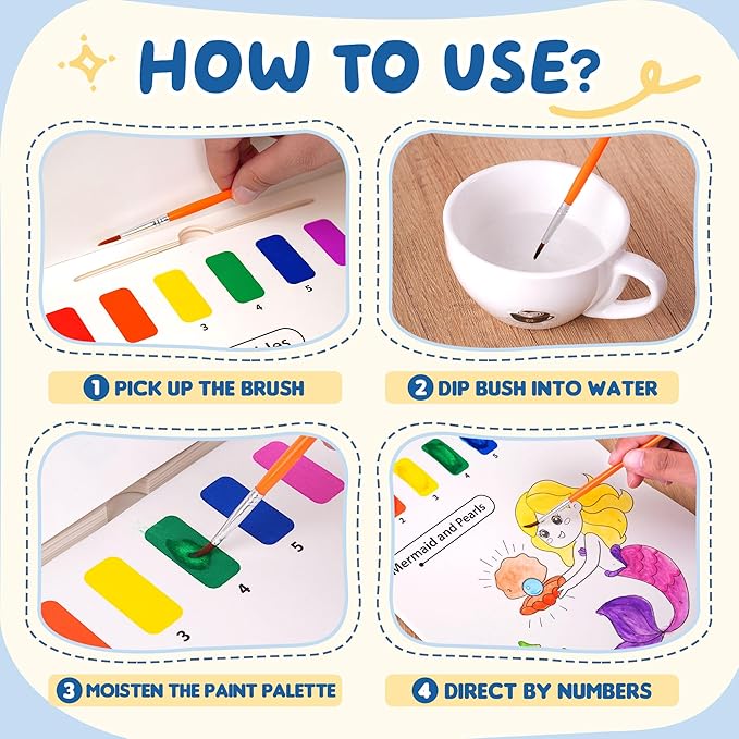 YPLUS Paint with Water Books for Toddlers, Watercolor Painting Paper Gift for Kids Ages 1-3, 2-4, 4-6, Art Craft Gift for Drawing with Brush Christmas Stocking Stuffers for Kids Toddler - Mermaid