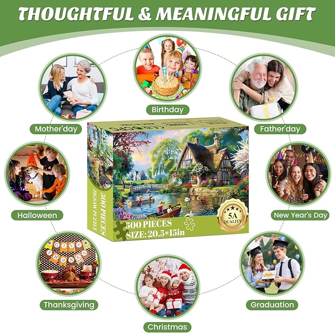 500 Pieces Puzzle for Adults,Waterside Cottage Puzzle,Recycled Cardboard Peaceful Pond Puzzles 500 Pieces,Challenging Game Home Decor Birthday Party Gift for Adults Seniors 20.5 * 15 in