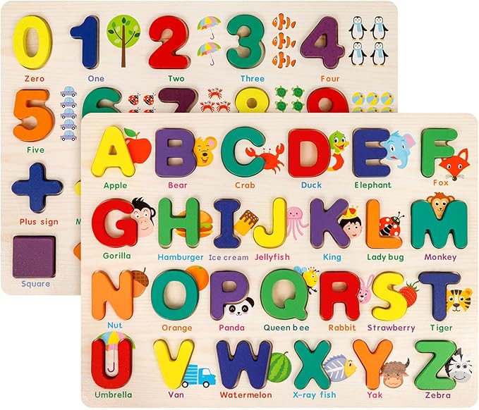 Attmu Wooden Puzzles for Toddlers, 2 Pcs Alphabet Puzzle ABC Shape Number Puzzle Patterns, Learning Toys for Kids, Preschool Educational Activities Toddler Gift Toys for Girls Boys Christmas Easter