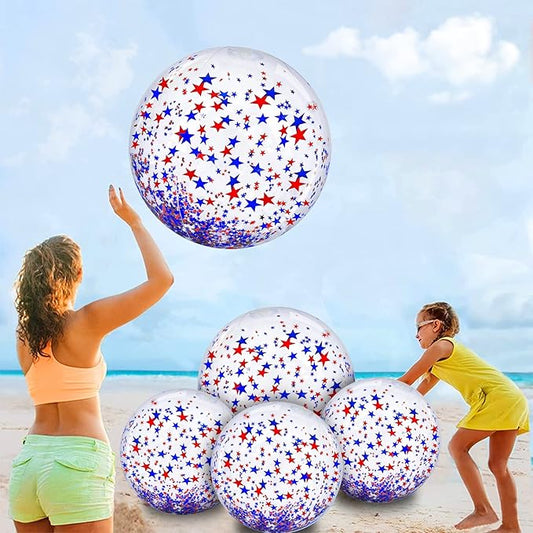 TURNMEON 5 Pack American Flag Beach Balls 24 Inch & 16 Inch Patriotic Pool Toys, Red White Blue Star Confetti Glitter Inflatable Clear Balls for 4th of July Independence Day Pool Parties