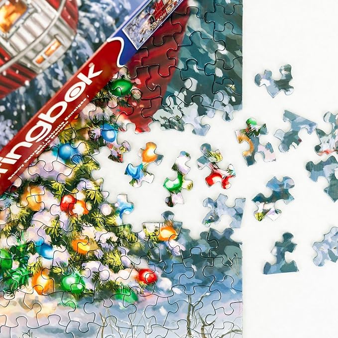 Springbok's Snowy Retreat 1000 Piece Jigsaw Puzzle is a Fun Holiday Image Featuring a Camper Glowing in Holiday Decor