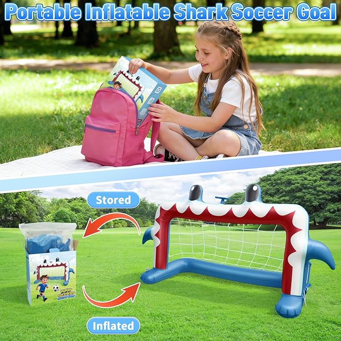 Water Sprinkler Soccer Toys, Inflatable Shark Soccer Goal Sprinkler with a Soccer Ball Backyard Outdoor Summer Toys for Boys Girls Outside Yard Water Football Game Toys for Kids Ages 3-8
