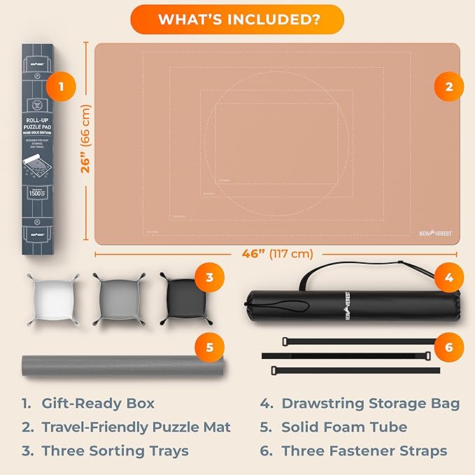 The Original Newverest Jigsaw Puzzle Mat Roll Up, Rose Gold, 46” x 26” Portable Keeper Up to 1500 pieces with Non-Slip Rubber Bottom & Smooth Top + 3 Puzzle Sorting Trays & Travel-Friendly Storage Bag