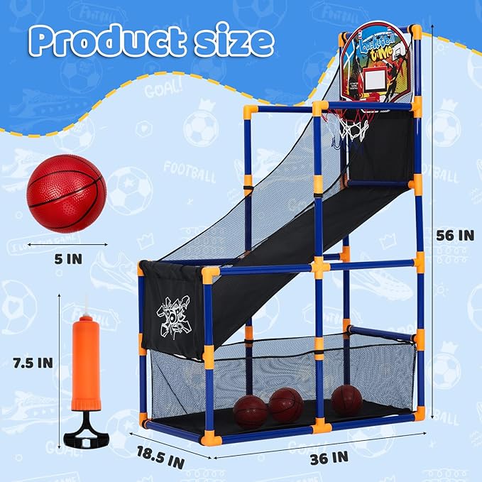 Basketball Arcade Game Set with 4 Balls – Indoor & Outdoor Basketball Hoop and Dart Game, Height Adjustable Sports Toy with Ball Return Ramp for Boys & Girls Ages 3+