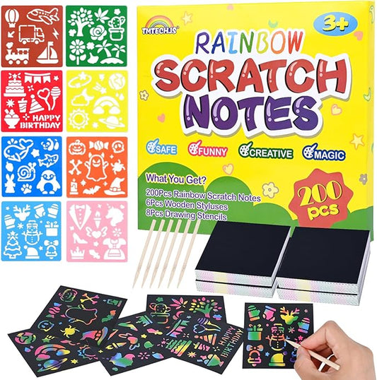 TMTECHJS 200 PCS Rainbow Scratch Paper Scratch Art for Kids Mini Notes with Stencils for Girls Boys Teens Rainbow Notebook Arts and Crafts Students School Birthday Party Travel Favors Supplies