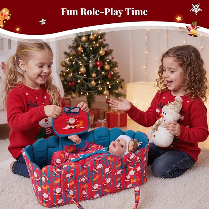 BABESIDE 8 Pcs Christmas Reborn Baby Doll Clothes Set with Bassinet for 17–22 Inch Babydolls, Dolls Santa Outfit with Doll Blanket and Baby Dolls Accessories, Ideal Gift for Kids 3+