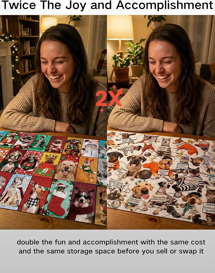 Double-Sided 1000-Piece Jigsaw Puzzle for Adults,DIY 24-Section Mystery Puzzle, Funny Jailhouse Dogs & Cats/Christmas Dress-Up Cats & Dogs, Challenging Family Fun, 27.6 x 19.7 in Hipazous