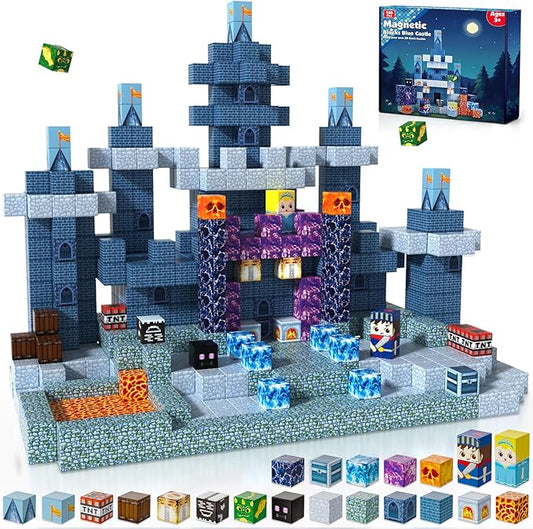 100PCS Magnetic Blocks - Magnet Building Blocks, Stacking Magents Cubes Toys Blue Castle Set, STEM Montessori Sensory Toys for Kids Boys and Girls Ages 3 4 5 6 7 8 9 10 Easter Birthday Gifts