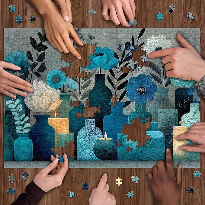 Blue Flower Puzzles for Adults 1000 Pieces,PICKFORU Indigo Whisper Jigsaw Puzzle, Elegant Plant Floral Vase Puzzles, Challenge for Adults Modern Aesthetic