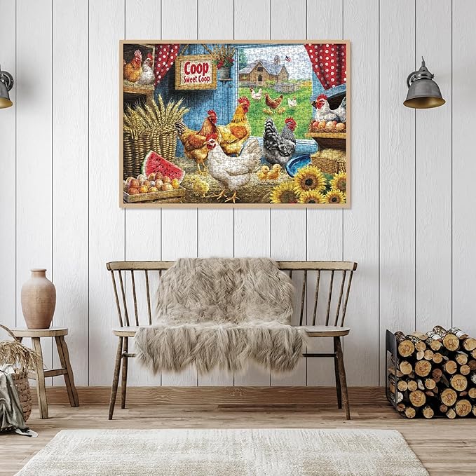 Chicken Farm Puzzle for Adults 1000 Pieces, Animal Flower Jigsaw Puzzle, Sunflower Thanksgiving Nature Rooster Barn Country Puzzle