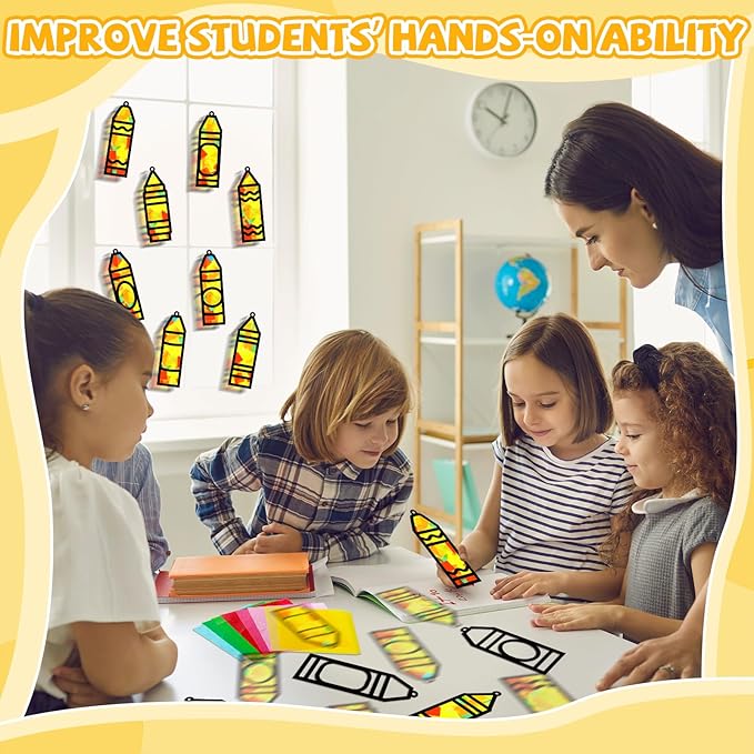 32 Sets Back to School Crayon Suncatchers Craft Kit DIY Window Stained Glass Effect Crayons Paper Crafts for Home School Classroom Decoration Kid Birthday Gifts Creative Art Projects Activity Game