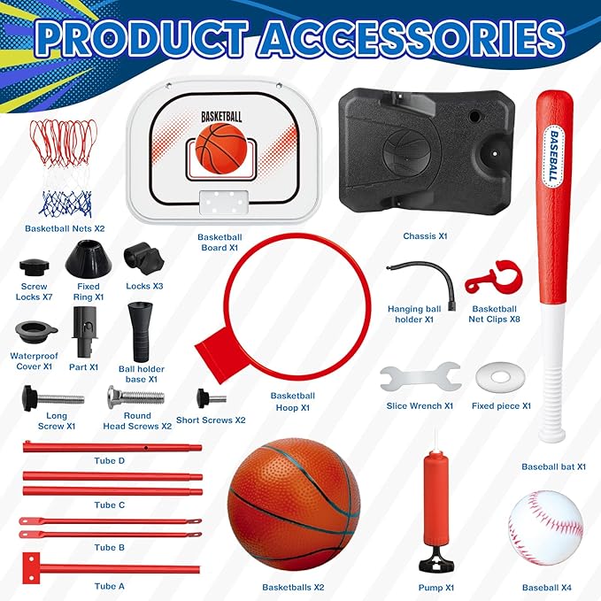 3-In-1 Kids Basketball Hoop and T Ball Set for Age 3-5 6-8, Adjustable Toddler Basketball Hoop, Hanging Tee Ball for Outdoor, Birthday Christmas Sport Toys Gift for Boys Girls 3 4 5 6 7 8 Year Olds