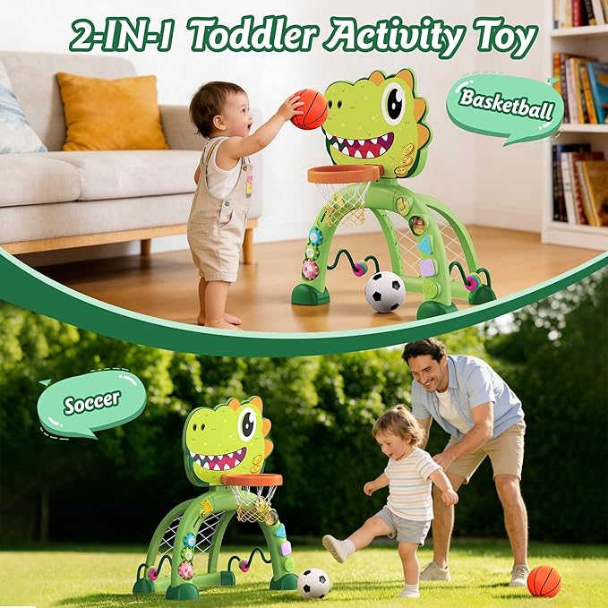 Dinosaur Toddler Basketball Hoop & Soccer Goal Montessori Toys for Baby 12-18 Months,Twinkoo 1, 2, 3+ Year Old Gift Toys for 1 Year Old Boy and Girl(Green)