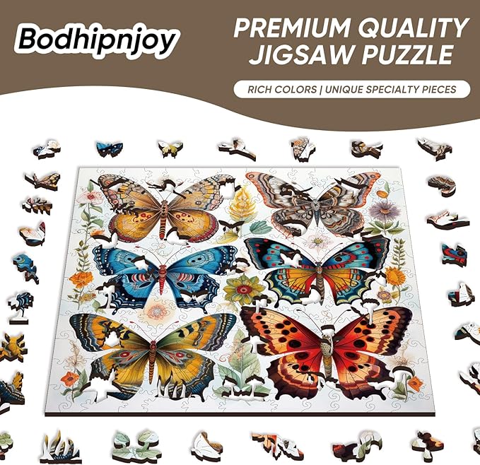 Bodhipnjoy Butterfly Puzzles for Adults, Spring Flower Butterfly Puzzles 5MM, 200Piece Unique Shaped Jigsaw Puzzles, Creative Gift Family Games 11.2 x 11.2 in